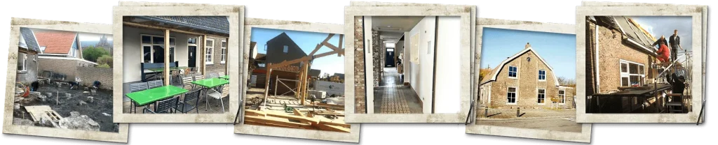Foto's van de verbouwing: graafwerk, het nieuwe terras, de houten balkconstructie, de gang, de gevel en werk aan het dak